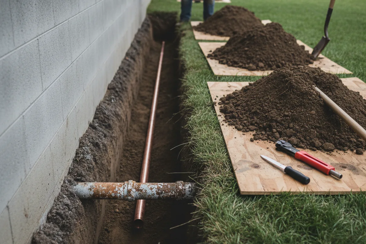 Excavated water line trench during Water Softener Installation in Colliers